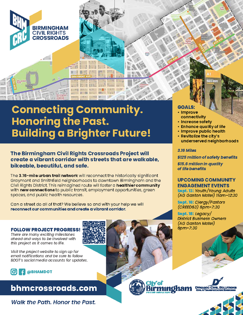The Birmingham Civil Rights Crossroads Project will create a vibrant corridor with streets that are walkable, bikeable, beautiful, and safe. The 3.16-mile urban trail network will reconnect the historically significant Graymont and Smithfield neighborhoods to downtown Birmingham and the Civil Rights District. This reimagined route will foster a healthier community with new connections to public transit, employment opportunities, green spaces, and public health resources. Can a street do all of that? We believe so and with your help we will reconnect our communities and create a vibrant corridor. BIRMINGHAM CIVIL RIGHTS CROSSROADS GOALS: ⢠Improve connectivity ⢠Increase safety ⢠Enhance quality of life ⢠Improve public health ⢠Revitalize the cityās underserved neighborhoods 3.16 Miles $125 million of safety benefits $15.6 million in quality of life benefits
