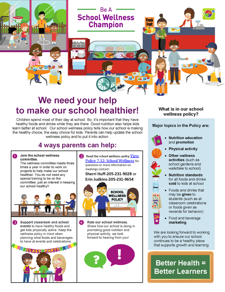 Children spend most of their day at school. So, it’s important that they have healthy foods and drinks while they are there. Good nutrition also helps kids learn better at school. Our school wellness policy tells how our school is making the healthy choice, the easy choice for kids. Parents can help update the school wellness policy and to put it into action.
