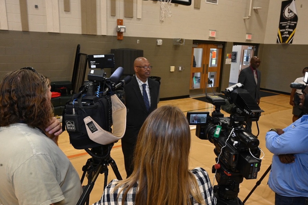 Huffman Middle Principal Dr. Jeffrey Willis, Sr. speaks to the media.