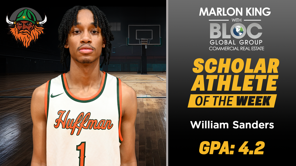 Marlon King with BLOC Global Group Commercial Real Estate Scholar Athlete of the Week William Sanders of the Huffman Vikings with 4.2 GPA