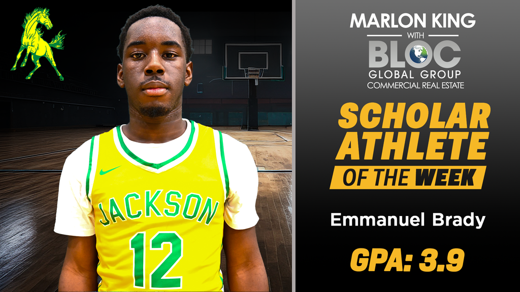 Marlon King with BLOC Global Group Commercial Real Estate Scholar Athlete of the Week: Emmanuel Brady: GPA 3.9