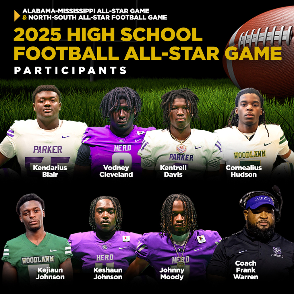 ALABAMA-MISSISSIPPI ALL-STAR GAME & NORTH-SOUTH ALL-STAR FOOTBALL GAME 2025 HIGH SCHOOL FOOTBALL ALL-STAR GAME PARTICIPANTS PARKER Kendarius Blair HERD Vodney Cleveland PARKER Kentrell Davis WOODLAWN Cornealius Hudson PARKER WOODLAWN Kejiaun Johnson HERD Keshaun Johnson FOOTBALL HERD Johnny Moody Coach Frank Warren