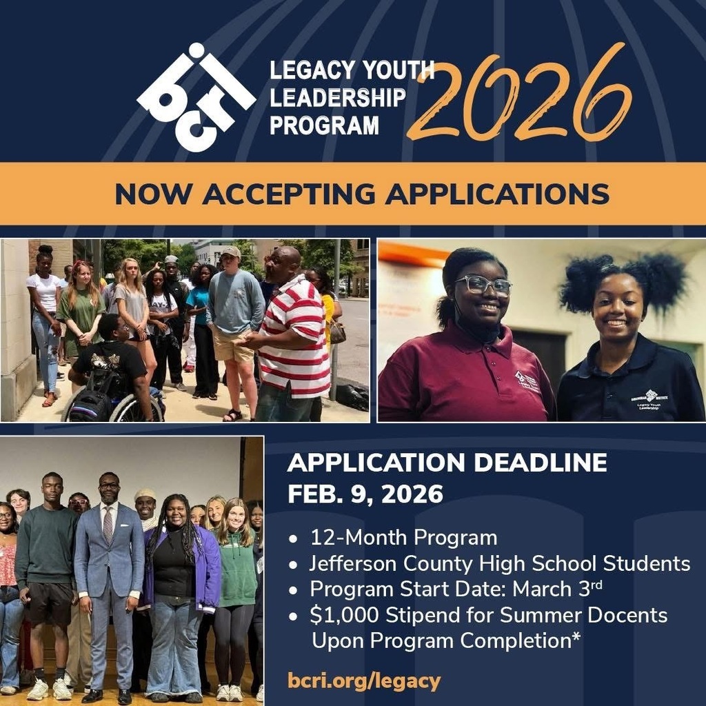 APPLICATION DEADLINE FEB. 9, 2026 • 12-Month Program Jefferson County High School Students Program Start Date: March 3rd • $1,000 Stipend for Summer Docents Upon Program Completion*