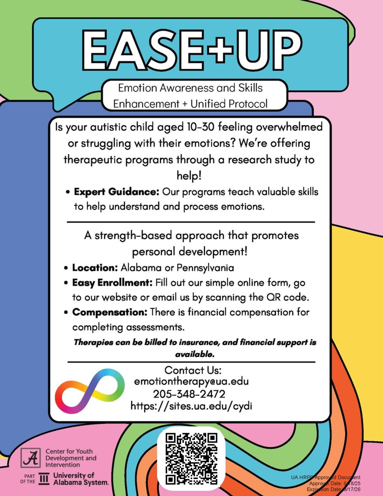 Is your autistic child aged 10-30 feeling overwhelmed or struggling with their emotions? We're offering therapeutic programs through a research study to help! • Expert Guidance: Our programs teach valuable skills to help understand and process emotions. A strength-based approach that promotes personal development! • Location: Alabama or Pennsylvania • Easy Enrollment: Fill out our simple online form, go to our website or email us by scanning the QR code. • Compensation: There is financial compensation for completing assessments. Therapies can he hilled to insurance, and financial support is availahle.