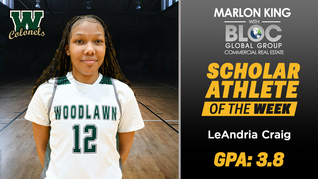 Marlon King with BLOC Global Group Commercial Real Estate Scholar Athlete of the Week: LeAndria Craig GPA 3.8