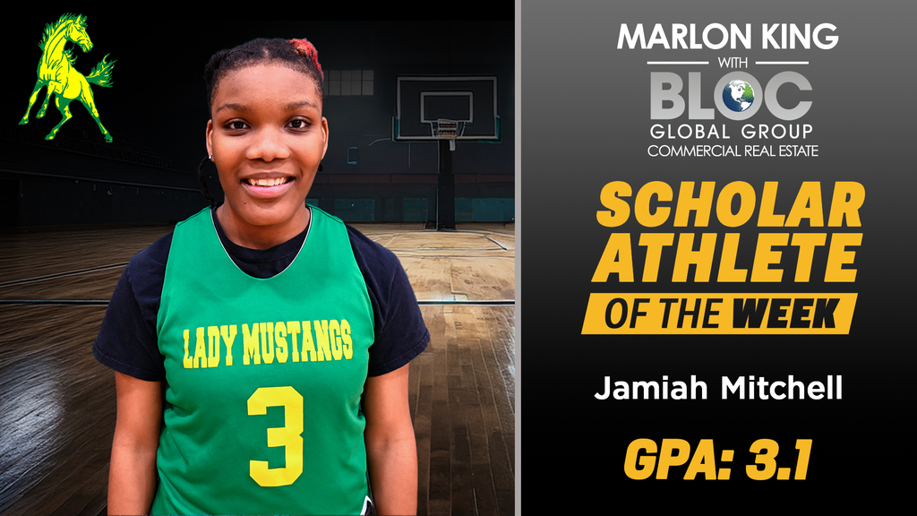 Marlon King with BLOC Global Group Commercial Real Estate Scholar Athlete of the Week: Jamiah Mitchell, GPA 3.1