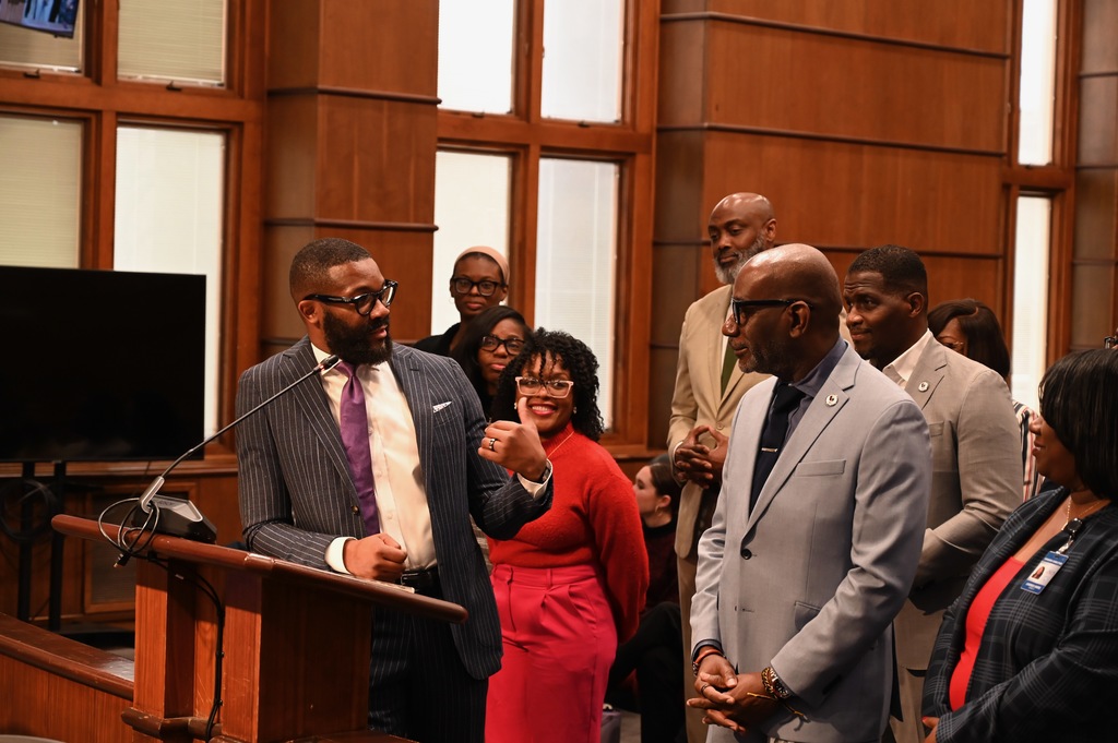 Mayor Randall Woodfin addresses Dr. Mark Sullivan at the City Council meeting