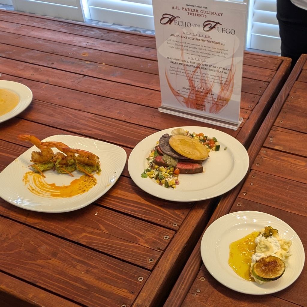 Ancho and Lime Gulf Shrimp Tostones, Flatiron Steak with Fire Roasted Corn, Poblano Salad, and Handmade Dual Tortillas, and Coconut Cheesecake