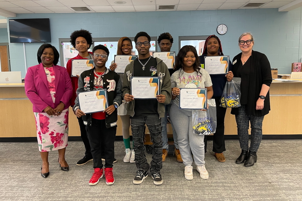 Pictured left to right: Dr. Angela Day, Patrick Berthelot, Alex Gaines, Makenzie Lawson, Jacori Griffin, Blake Hall, Ousamane Diallo, ZyKiria Jones, Tracy Spence