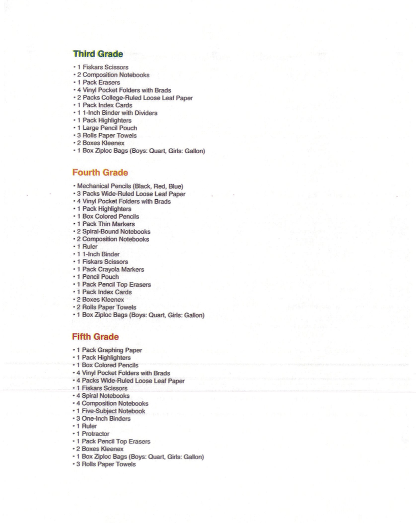 School Supply List