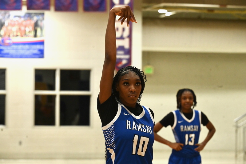 Ramsay's Camilyah Rowe follows through on a free throw during her team's dominant win at Carver this season.