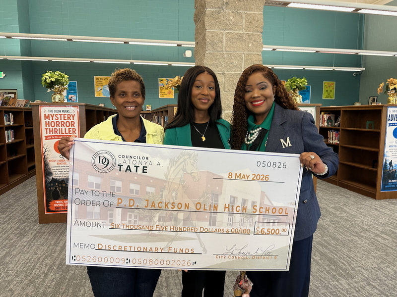 Council President Pro Tem Latonya Tate, Jackson-Olin alumna Mariama Diallo, and Interim Principal Toyal McLain
