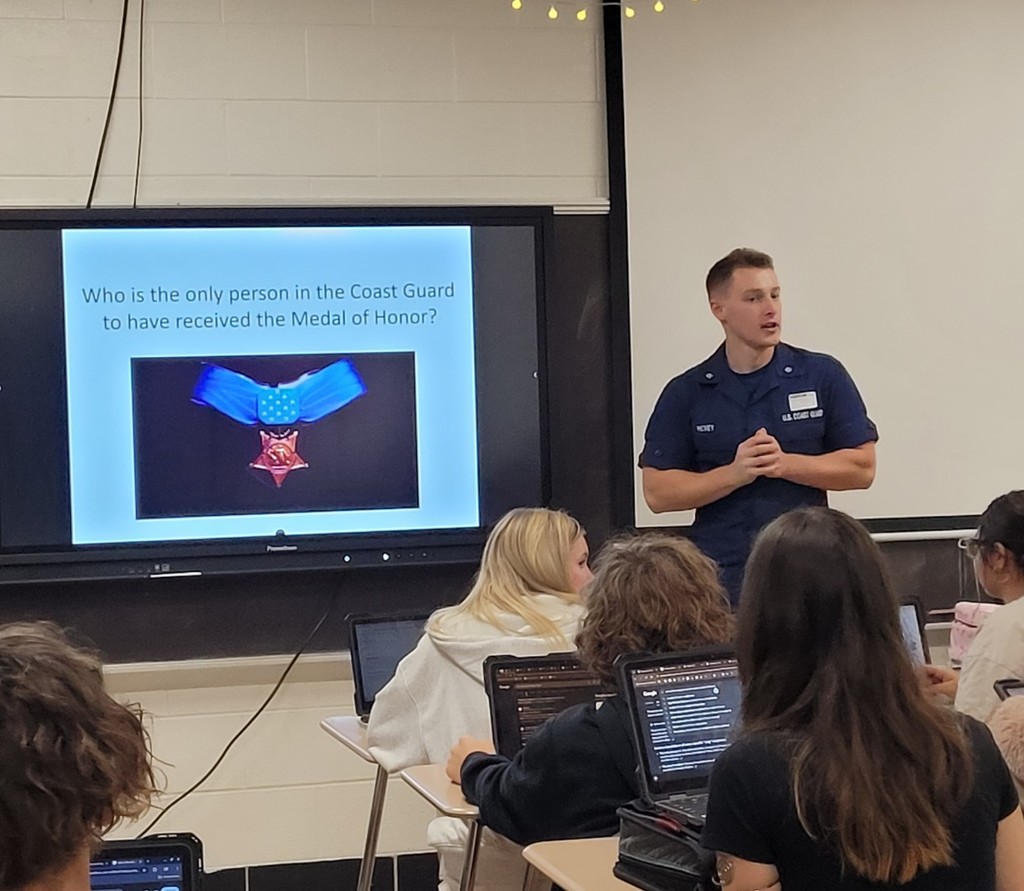 Petty Officer McVey speaking to Mrs. Guminski's World History class.