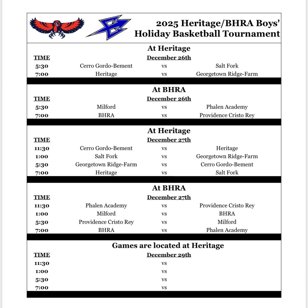 2025 BHRA/Heritage Boys' Basketball Holiday Tournament Schedule