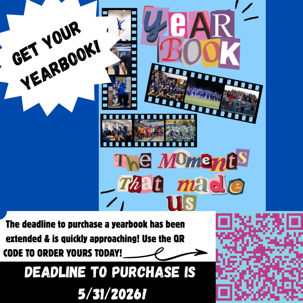 Flyer with information stating the yearbook purchasing deadline is May 31, 2026. There is a QR code to use to purchase the yearbook.