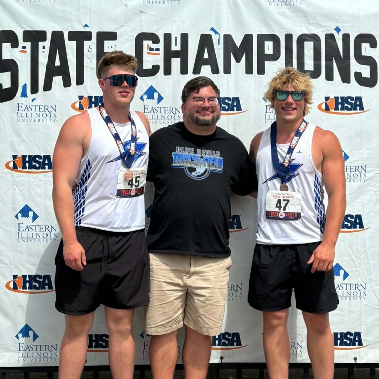Vince Lane - 5th Place, Discus; Coach Rutter; Conner Powell - 8th Place, Shot Put