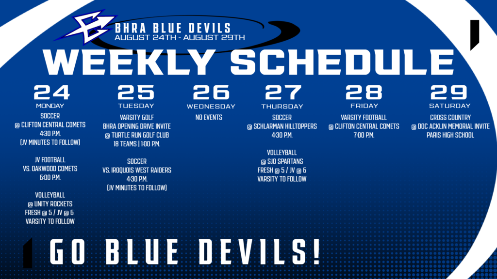 BHRA Weekly Athletics Schedule | August 24th - August 29th, 2026