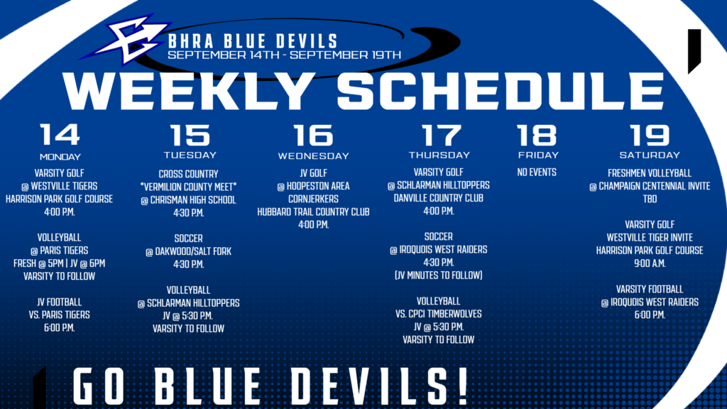 BHRA Weekly Athletics Schedule | September 14th - September 19th, 2026