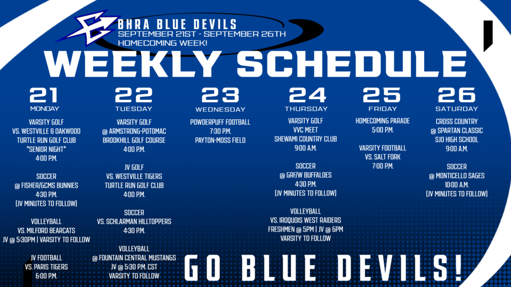 BHRA Weekly Athletics Schedule | September 21 - 26th, 2026