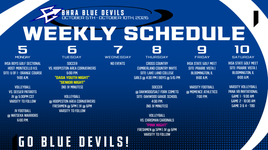 BHRA Weekly Athletics Schedule | October 5th - October 10th, 2026, 2026