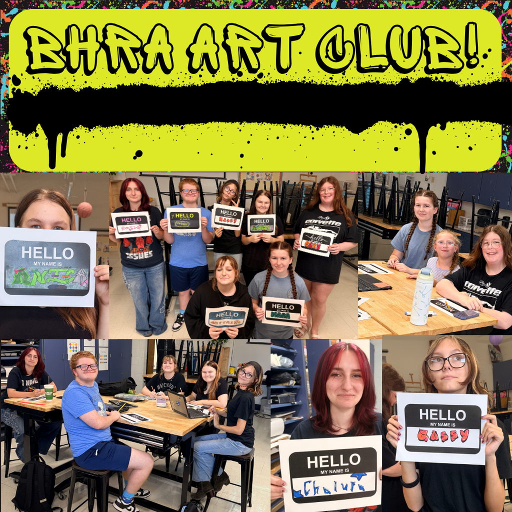 Art club students showing off their graffiti name tags they created at art club today after school. 