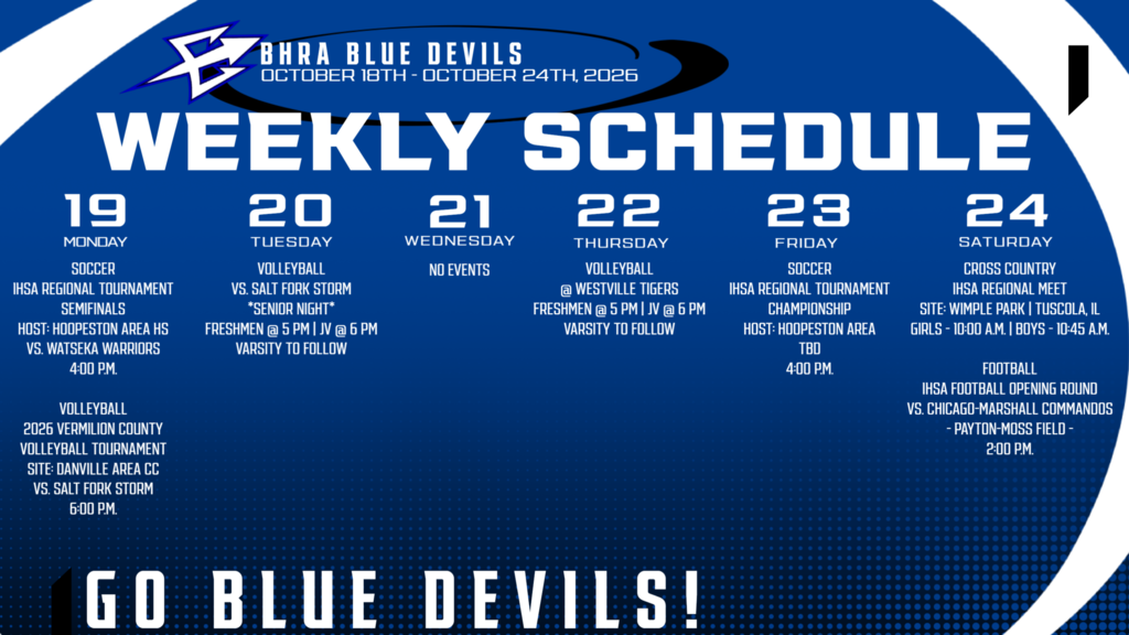 BHRA Weekly Athletics Schedule | October 19th - October 24th, 2026