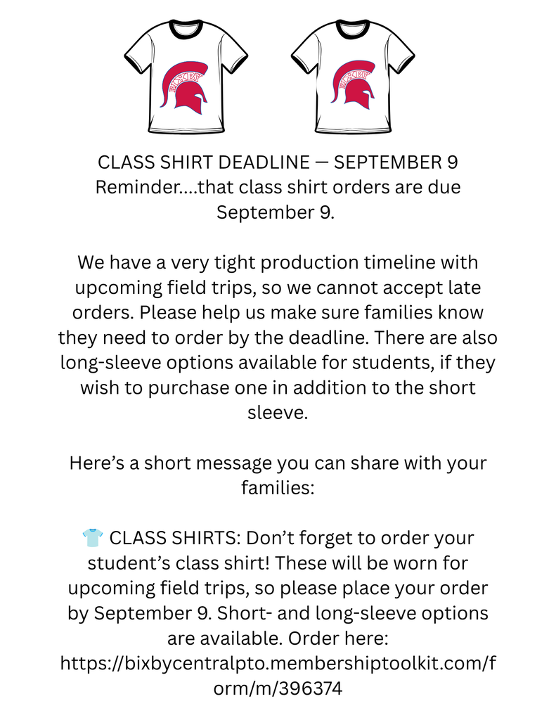 Class T Shirt deadline
