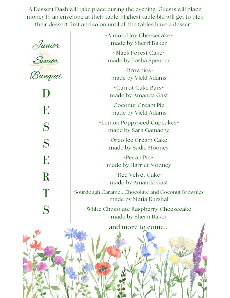 Jr. Sr. Banquet Dessert List