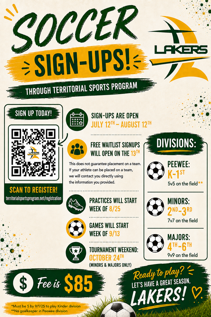 Territorial Sports Soccer Sign ups open now. 