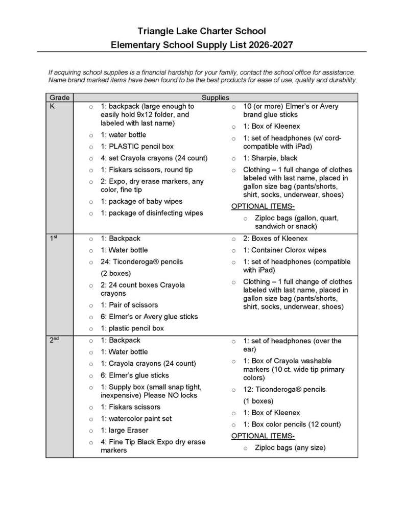 K-5 Supply List showing all the school supplies for the 2026-2027 school year.