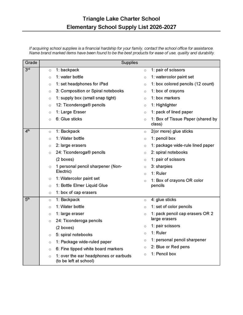 K-5 Supply List showing all the school supplies for the 2026-2027 school year.