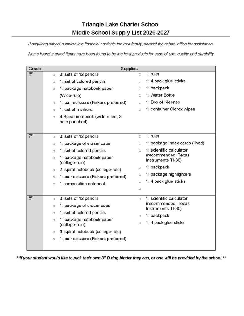 6-12th supply list for the 2026-2027 school year.