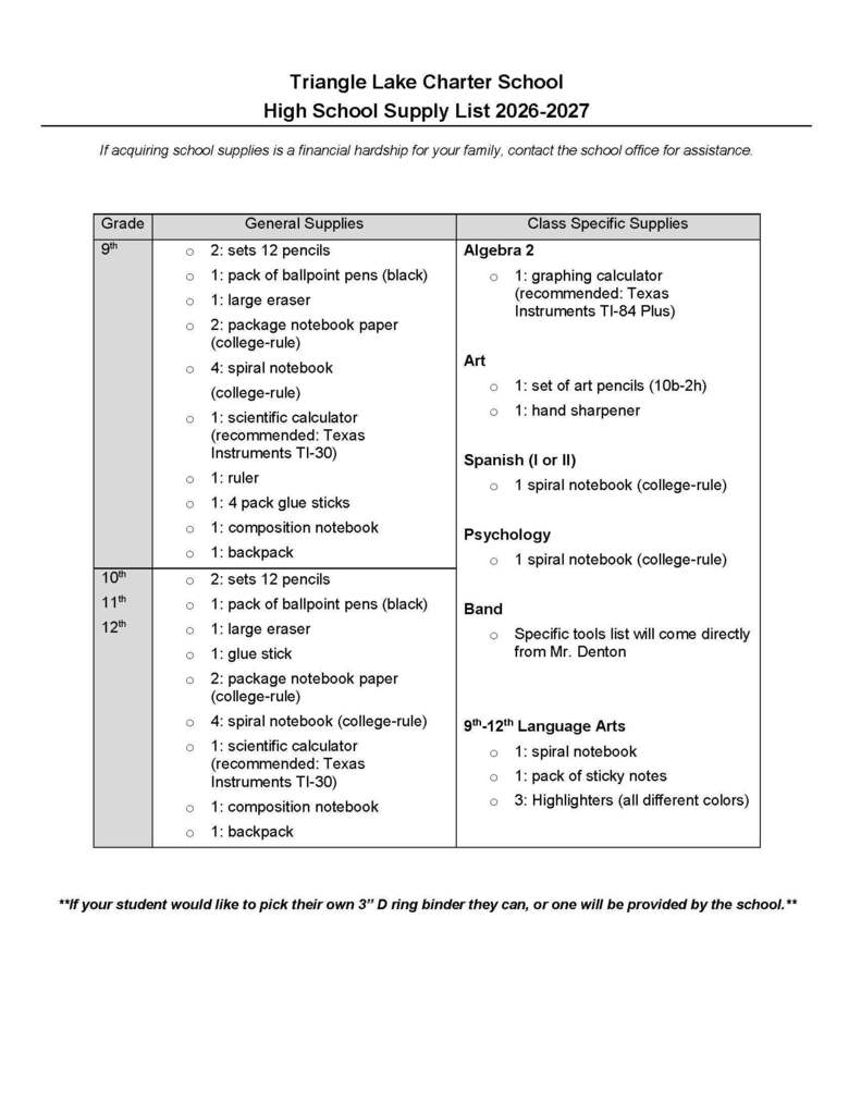 6-12th supply list for the 2026-2027 school year.