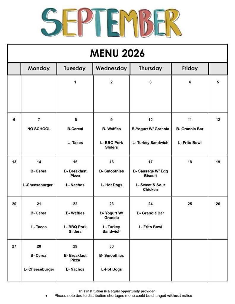 September 2026 Menu