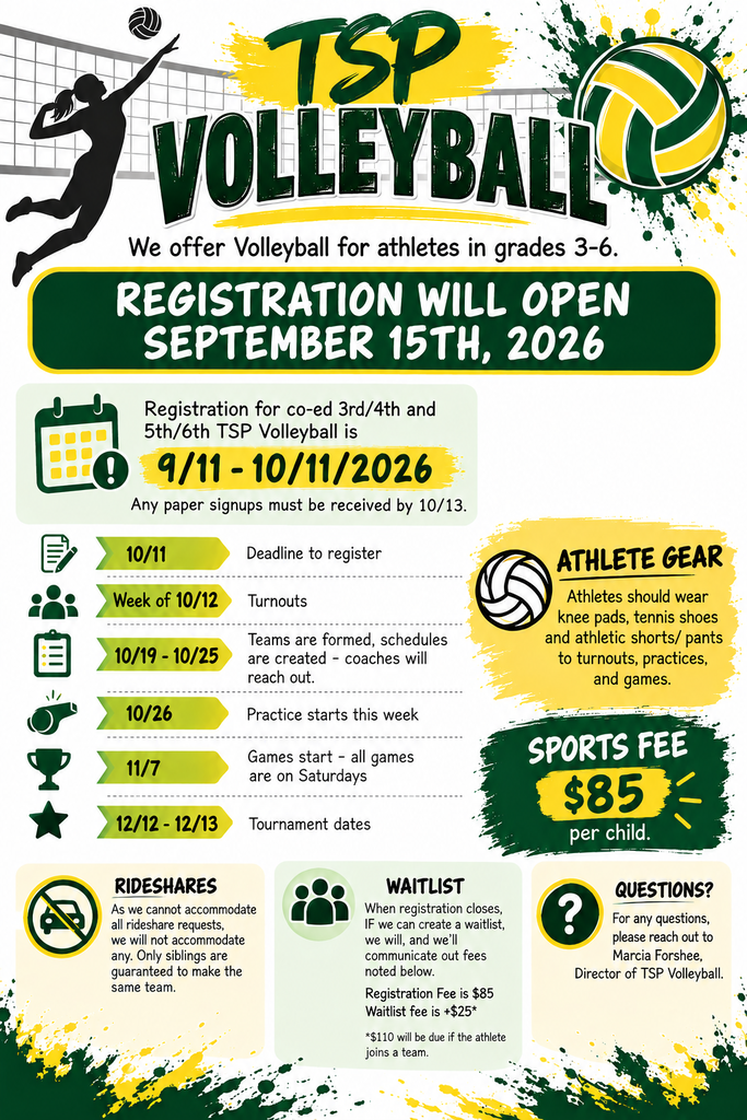 TSP Volleyball Sign Ups now open for enrollment