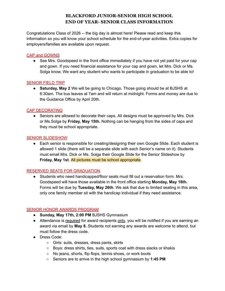 Class of 2026 Senior Schedule 