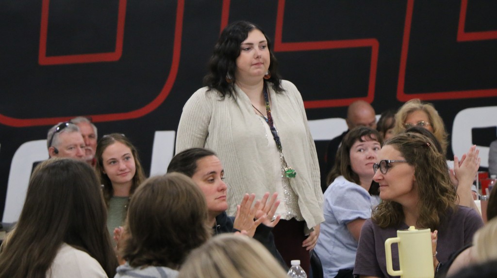 New elementary music teacher Shelby Crouse is welcomed during the Back to School Breakfast