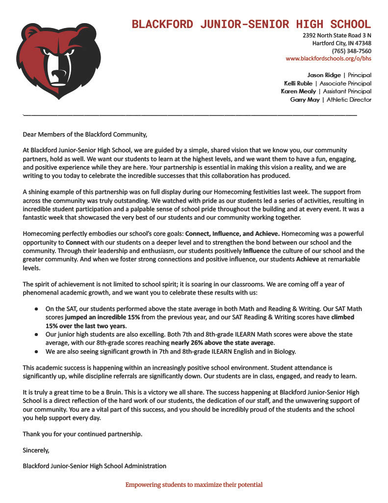 Letter from Principal Jason Ridge