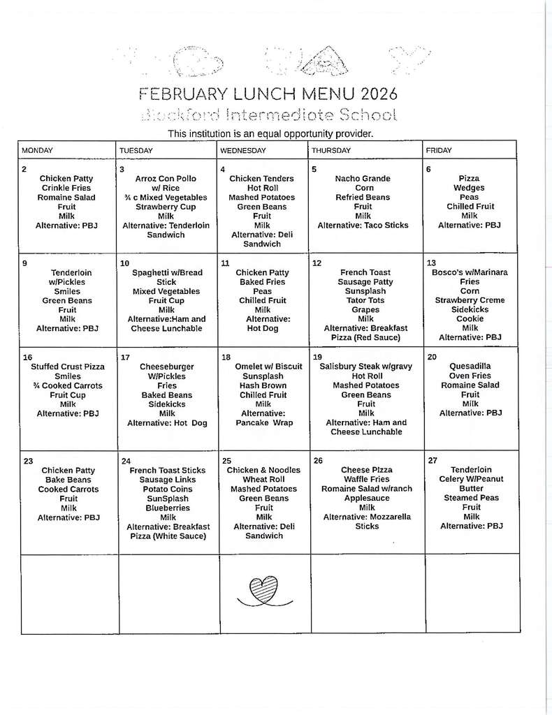 Feb lunch menu