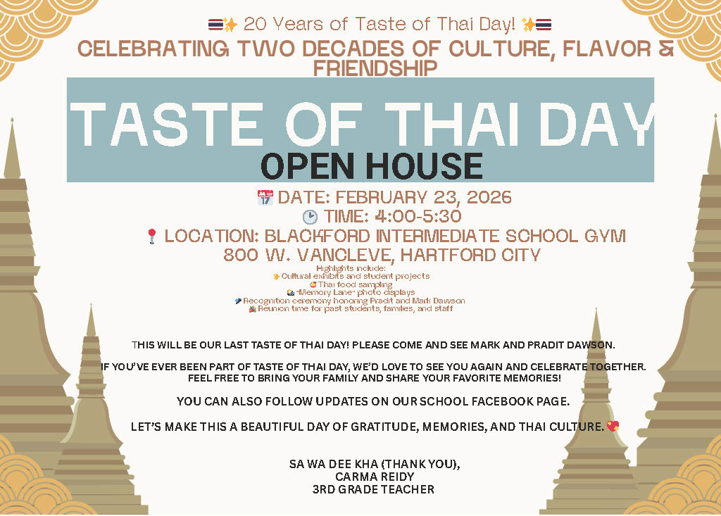 Taste of Thai Open House invitation - Feb. 23 from 4 to 5:30 p.m. - BIS gym