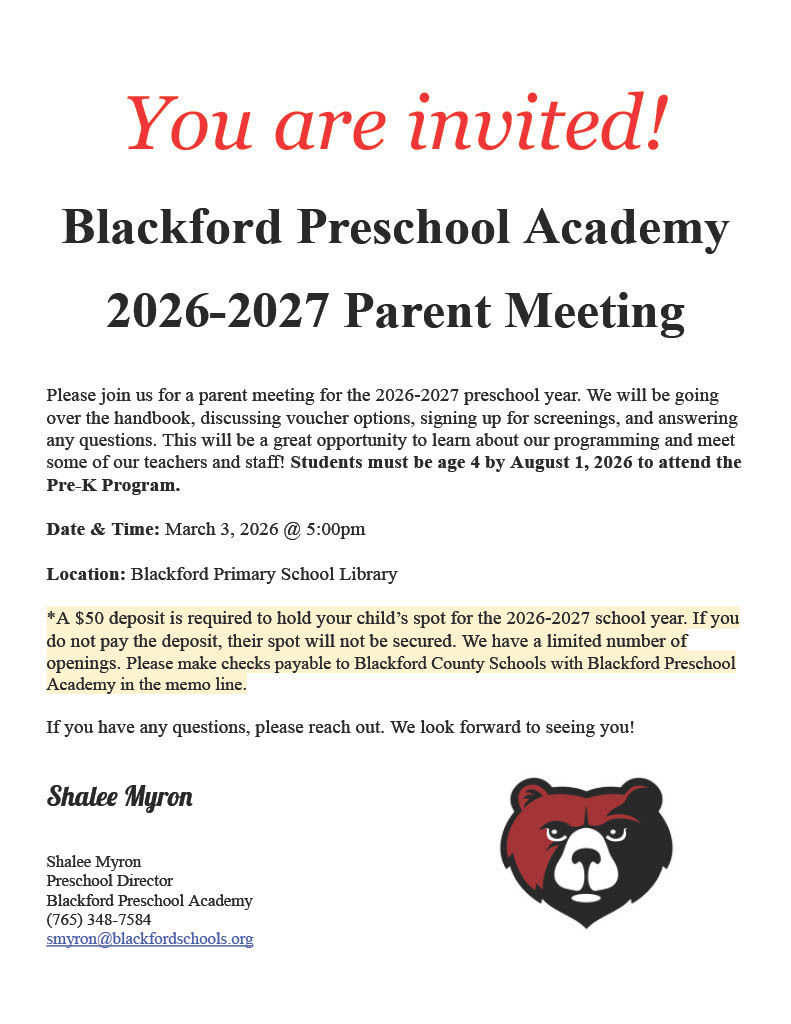 Blackford Preschool Academy 2026-2027 Parent Meeting