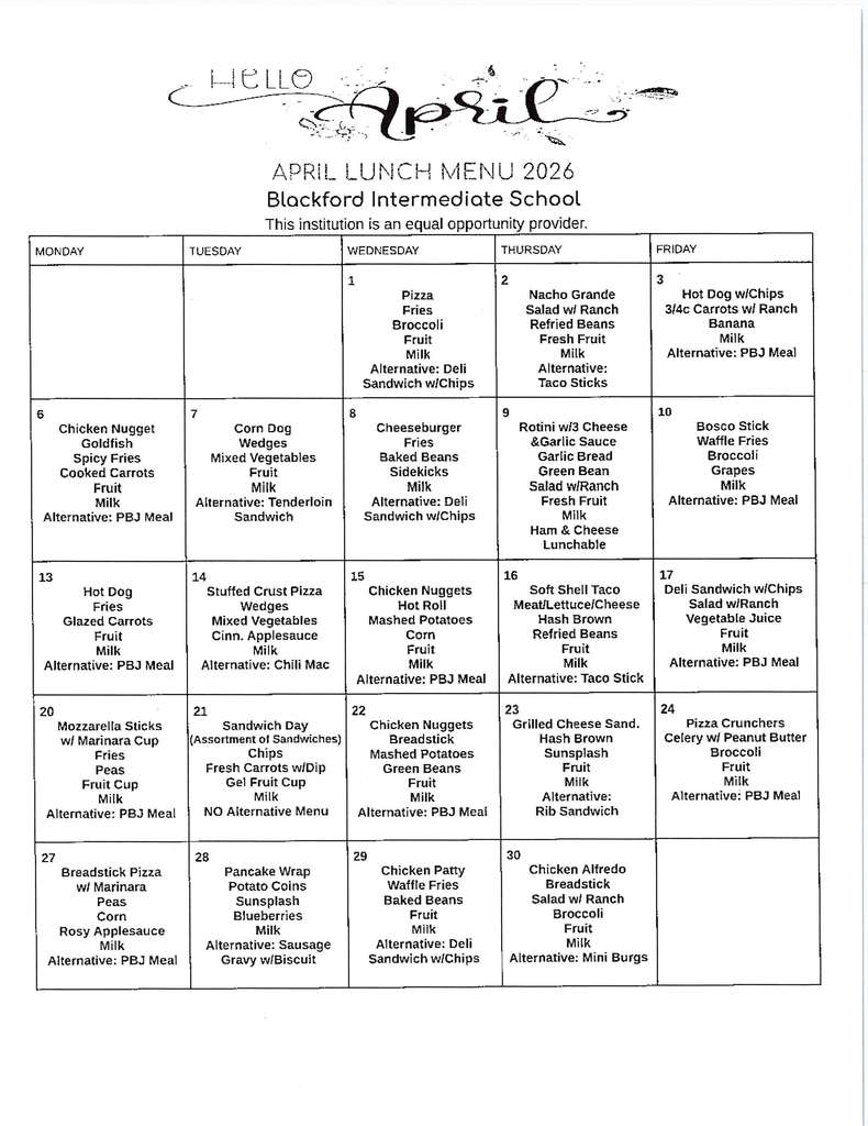 April lunch menu