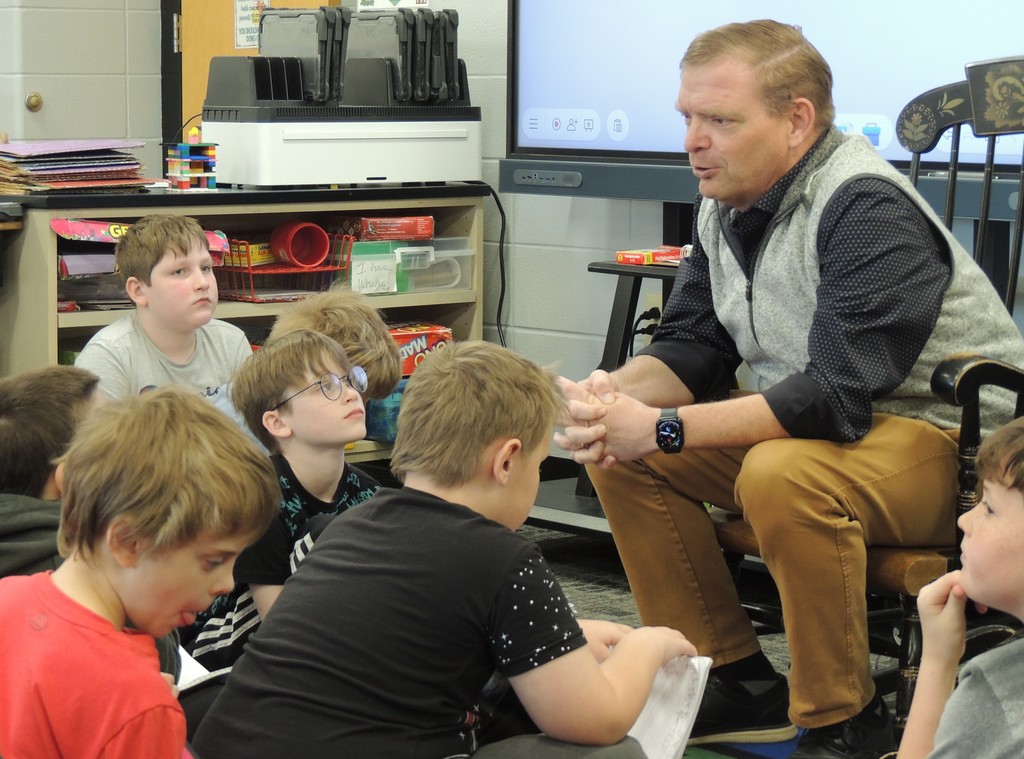 Superintendent Chad Yencer answers questions from 3rd grade students at BIS