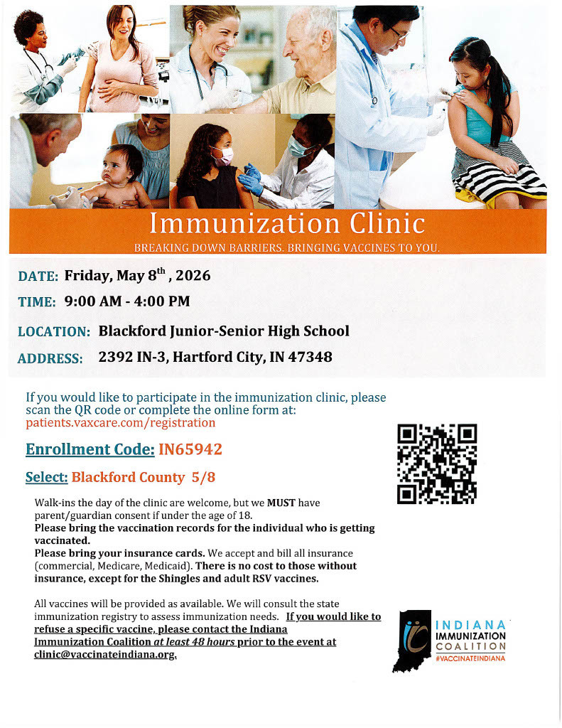 Flyer for Health Fair Immunization Clinic, Friday, May 8 from 9 a.m. to 4 p.m. at BJSHS