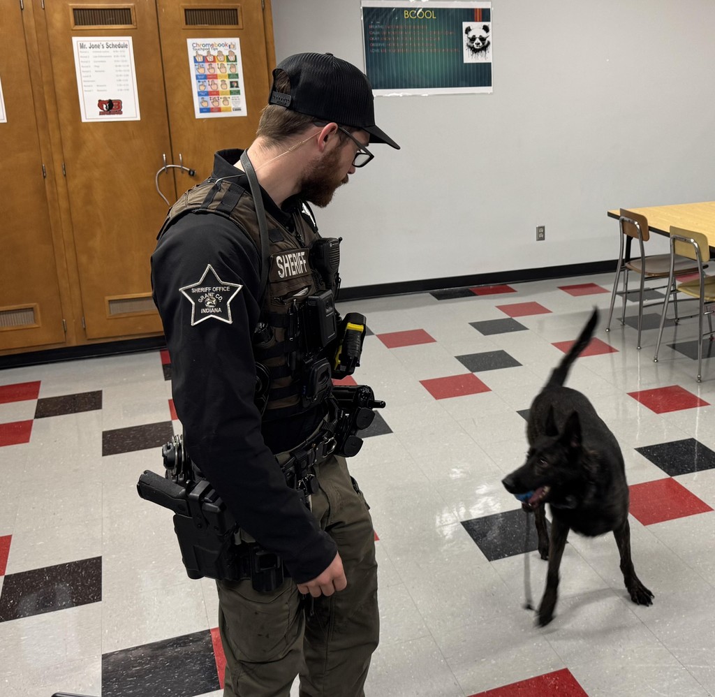 K9 Shakira and her partner Deputy Conner Fritch of the Grant County Sheriff's Department, visit the Criminal Justice classes at BJSHS