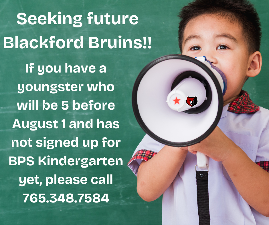 A photo of a student with a megaphone announcing that BCS is seeking Kindergarten Students for the 2026-2027 school year.