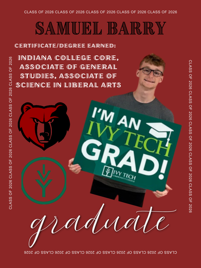 BJSHS senior Samuel Barry received his Associate Degrees from Ivy Tech