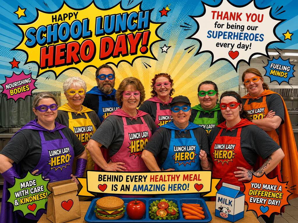 Our BJSHS cafeteria staff pose as colorful superheroes to celebrate their service to BCS