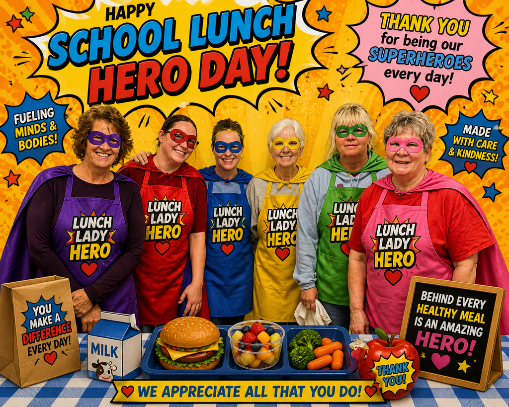 Our 6 BPS cafeteria staff pose as colorful superheroes to celebrate their service to BCS