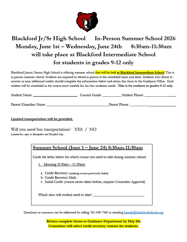 A form for BJSHS students to be able to sign up for Summer School
